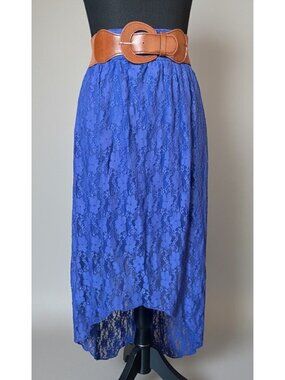 Royal Blue Floral Lace High‑Low Skirt – Boho Asymmetrical with Belt NEW